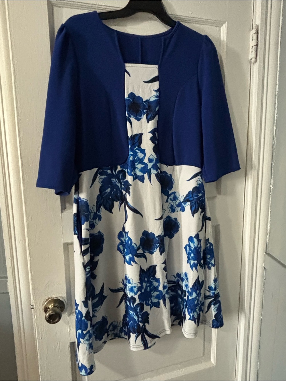 SHEIN White Midi Dress with Blue Floral Print and Royal Blue Jacket